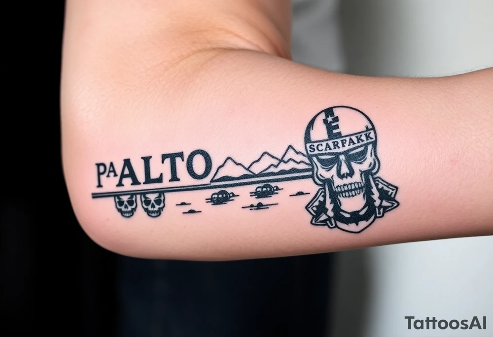 “East Palo Alto” city sign and “Newark” city sign on opposite sides of a bridge going across water in California with skulls and money and  scarface tattoo idea