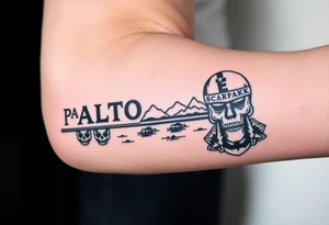 “East Palo Alto” city sign and “Newark” city sign on opposite sides of a bridge going across water in California with skulls and money and  scarface tattoo idea