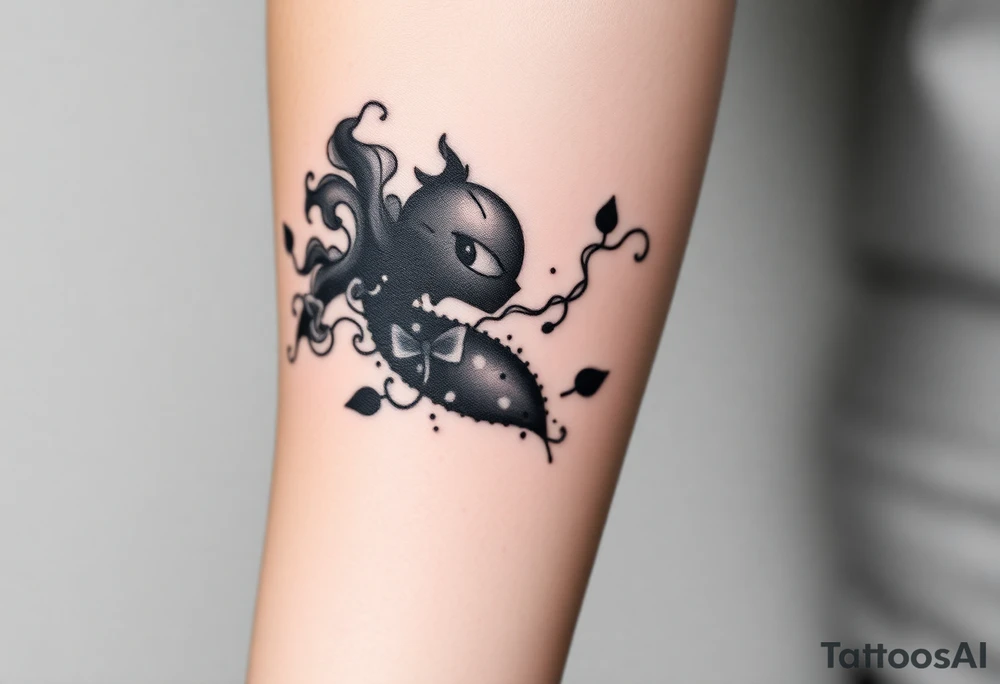 An animated character with smoke passing through and leaves in a negative effect around it. In black and white, dot shading with soft shading. tattoo idea