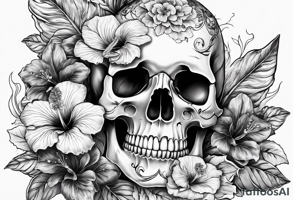 a female skeleton with hibiscus flower. Hint of south korea tattoo idea