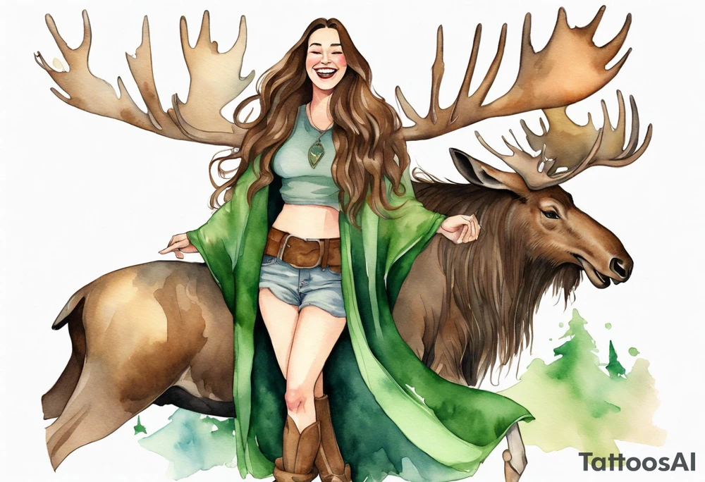 a watercolor of a curvy woman with long brown hair and light brown skin and green eyes wearing a fur cloak laughing riding a moose tattoo idea