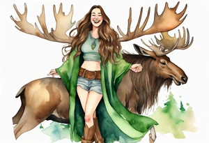 a watercolor of a curvy woman with long brown hair and light brown skin and green eyes wearing a fur cloak laughing riding a moose tattoo idea