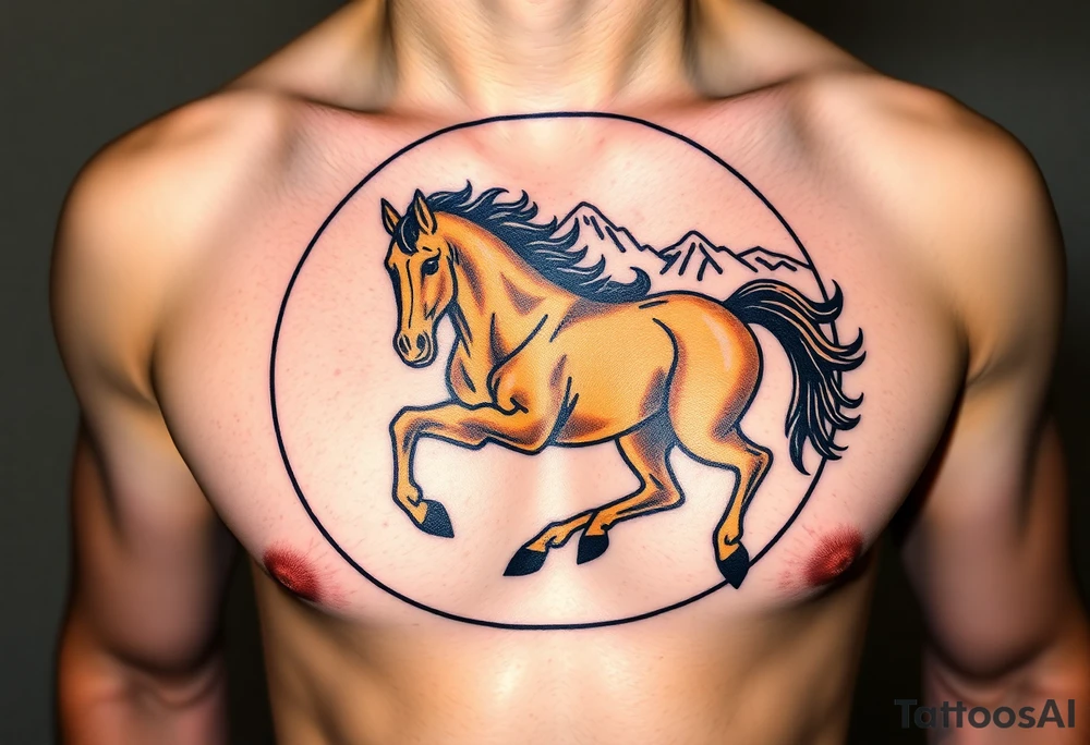 A golden mustang horse with black hair and legs in a circle where the mountain or nature is its contour to accompany the animal in full movement, running like a soul leading the devil. tattoo idea