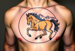 A golden mustang horse with black hair and legs in a circle where the mountain or nature is its contour to accompany the animal in full movement, running like a soul leading the devil. tattoo idea