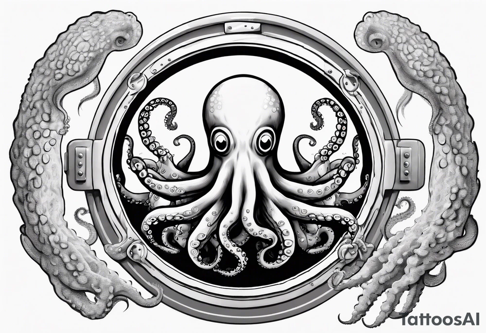 An octopus climbing out of a porthole. Fan shaped coral near the bottom of the porthole. Two arms of the octopus protrude from the porthole. tattoo idea