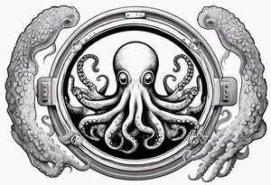 An octopus climbing out of a porthole. Fan shaped coral near the bottom of the porthole. Two arms of the octopus protrude from the porthole. tattoo idea