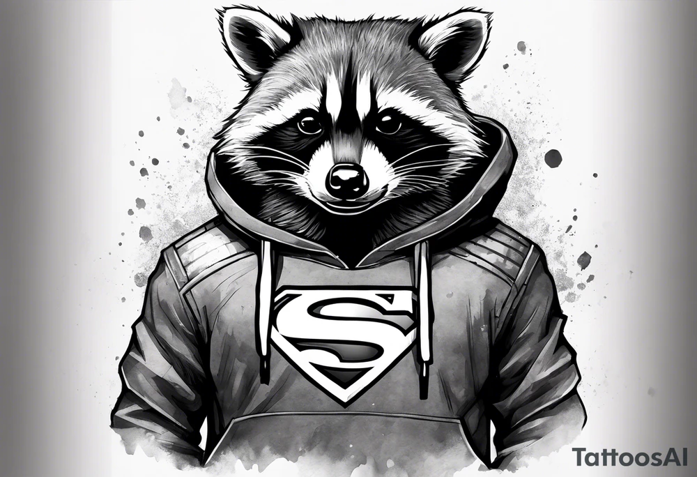 raccoon wearing a Superman hoodie tattoo idea