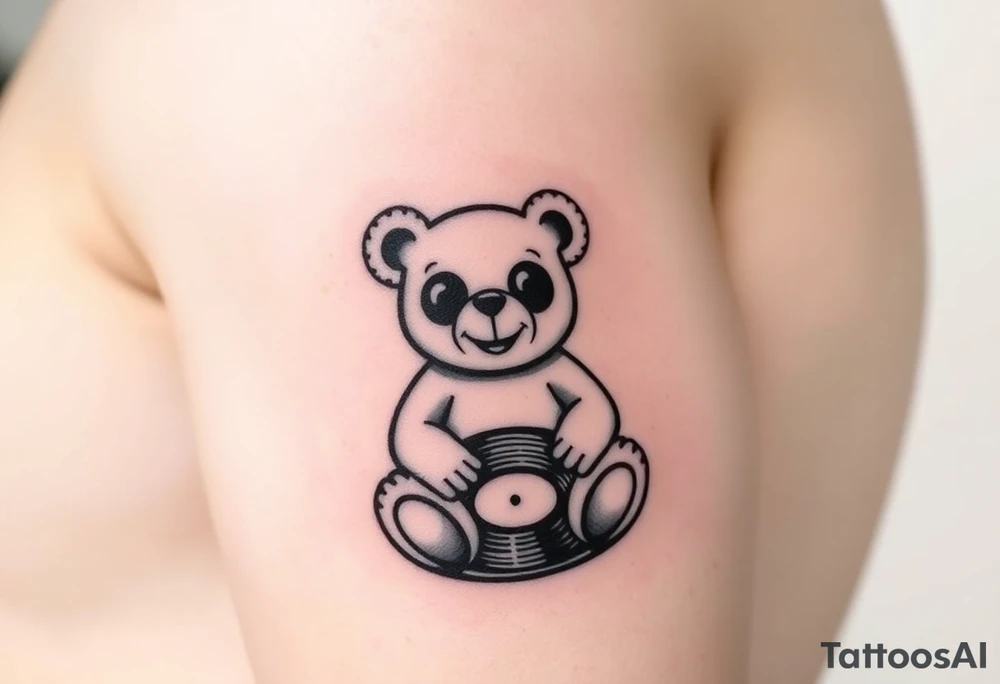 minimalist teddy bear with vinyl records as eyes smiling and sitting on a record yer tattoo idea