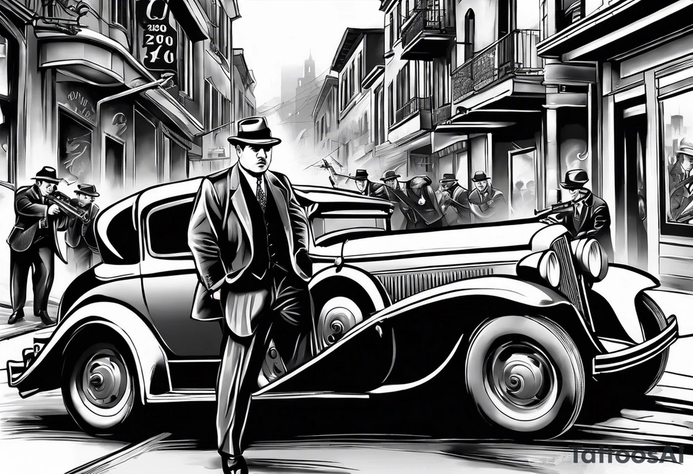 Al Capone style gangsters fighting with machine guns, set with a 1930s city street background, include a 1930's car speeding by , flames and smoke, bullets flying tattoo idea