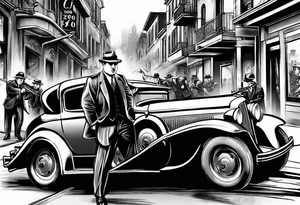 Al Capone style gangsters fighting with machine guns, set with a 1930s city street background, include a 1930's car speeding by , flames and smoke, bullets flying tattoo idea