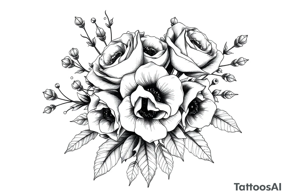 vintage bouquet of wild roses and meadow flowers with morning dew tattoo idea