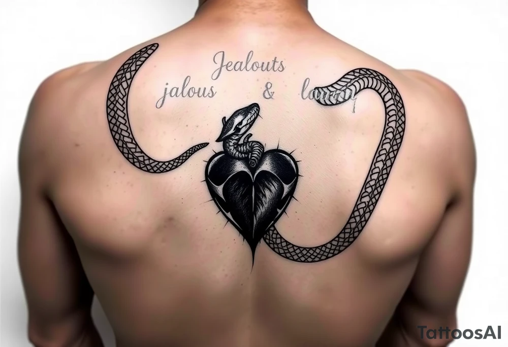 Can you give an example of a snake tattoo that wraps around the elbow and ends on the forearm on the ulnar side? With the words jealous, shame, and black heart subtly incorporated. tattoo idea