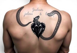 Can you give an example of a snake tattoo that wraps around the elbow and ends on the forearm on the ulnar side? With the words jealous, shame, and black heart subtly incorporated. tattoo idea