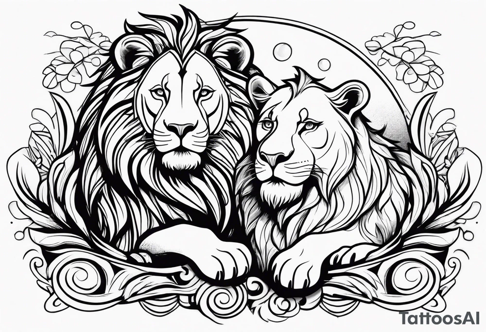 Realistic lion and lioness 
bonding tattoo idea