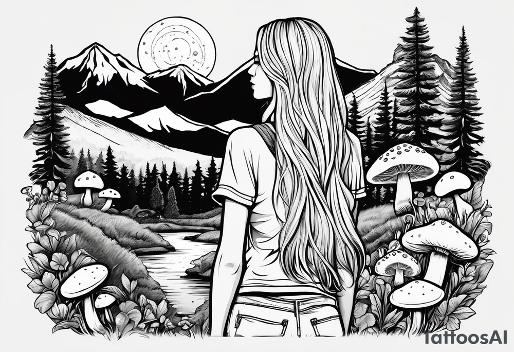 Straight long blonde hair hippie girl in distance holding mushrooms in hand facing away toward mountains and creek surrounded by mushrooms tee shirt and hiking pants tattoo idea
