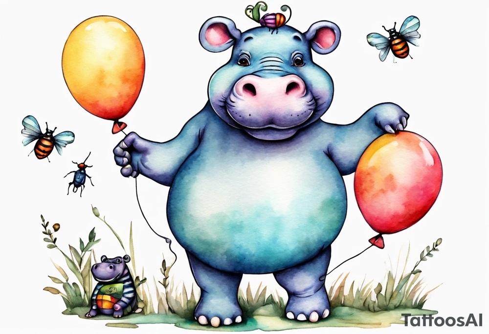 Whimsical tattoo of a hippo holding a balloon with a bug on it. Colorful and cute tattoo idea