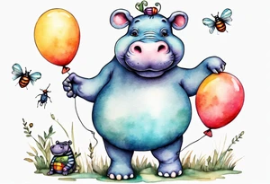 Whimsical tattoo of a hippo holding a balloon with a bug on it. Colorful and cute tattoo idea