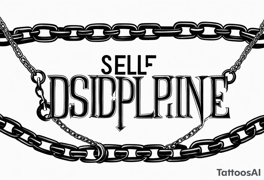 Tattoo of the word 'Self discipline' tied on both ends with metal chains and connected in the middle with a lock tattoo idea