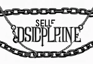 Tattoo of the word 'Self discipline' tied on both ends with metal chains and connected in the middle with a lock tattoo idea