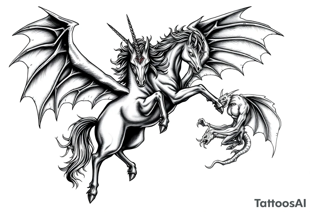 Dark unicorn evil and angry fighting with demons tattoo idea