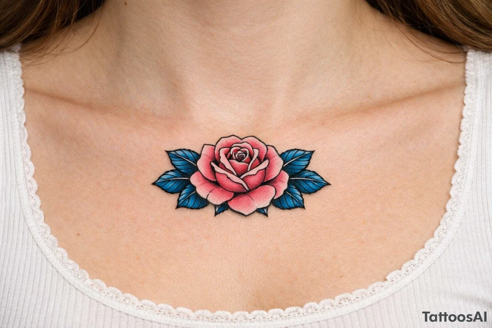 Pink rose , blue leaves no stem tattoo idea