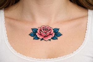 Pink rose , blue leaves no stem tattoo idea