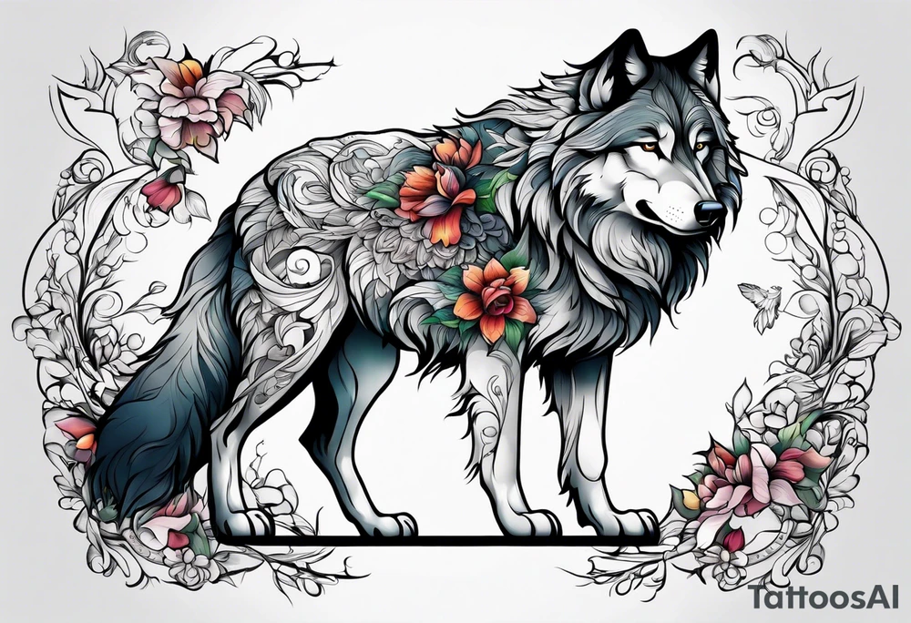 Wolf, flower, cross tattoo idea