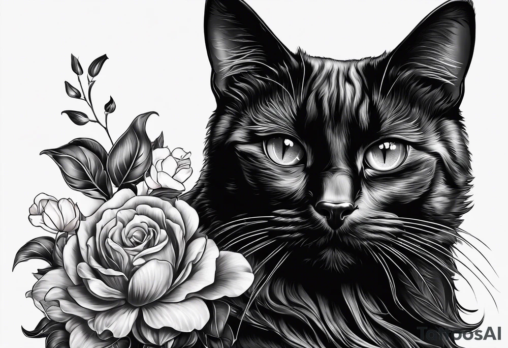 Photo realistic black cat head only facing forward add flowers around the cat tattoo idea