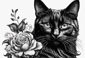 Photo realistic black cat head only facing forward add flowers around the cat tattoo idea