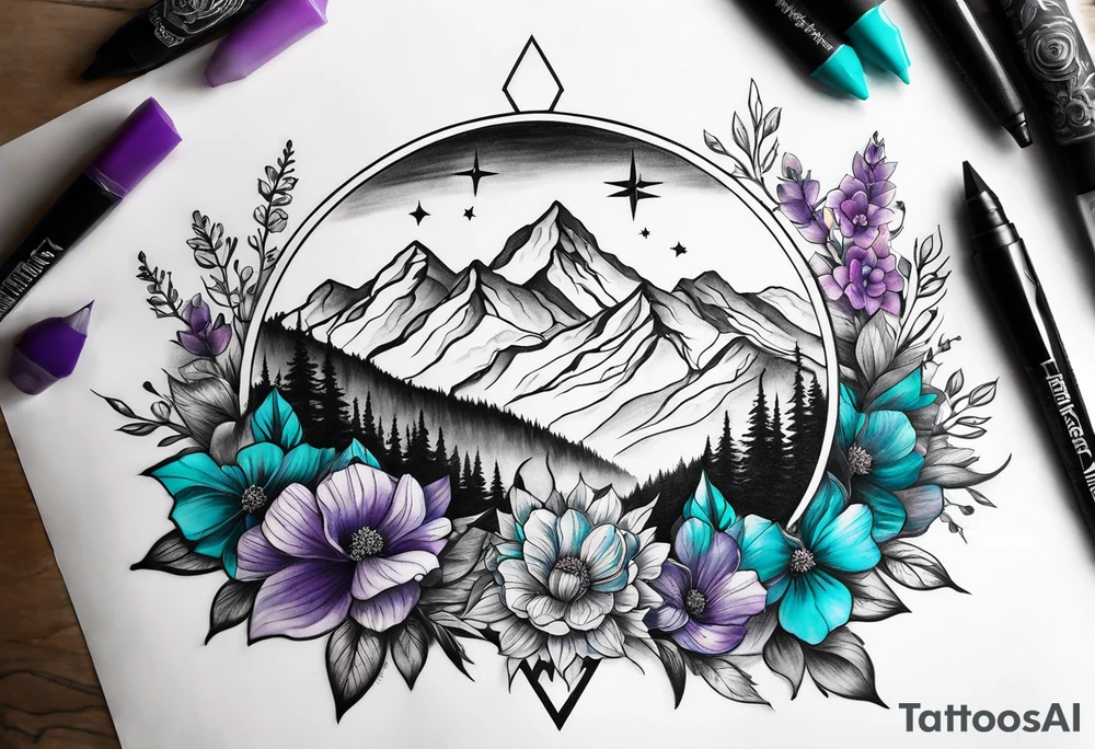 half sleeve tattoo on my shoulder. It features a mountain range, with a compass rose rising up from behind the mountain like a sunrise. In front of the mountains, there are purple and teal flowers. tattoo idea