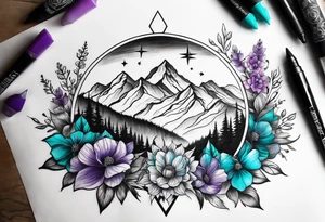 half sleeve tattoo on my shoulder. It features a mountain range, with a compass rose rising up from behind the mountain like a sunrise. In front of the mountains, there are purple and teal flowers. tattoo idea
