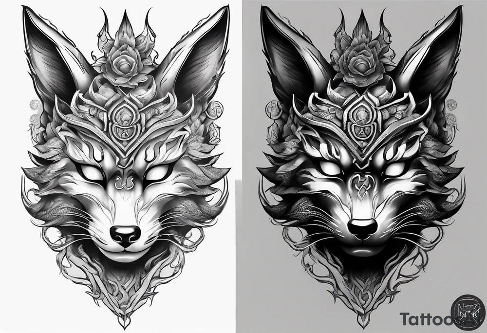 Split kitsune and oni mask head tattoo idea