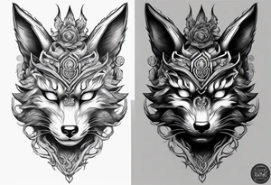 Split kitsune and oni mask head tattoo idea