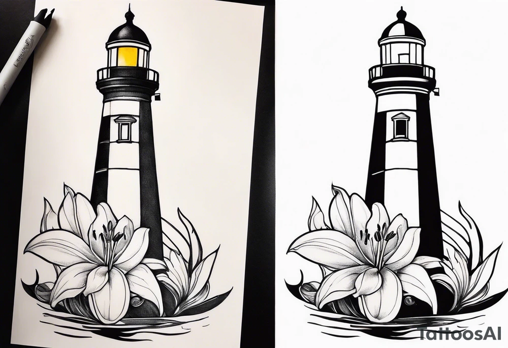 A light house with a lily at the bottom tattoo idea