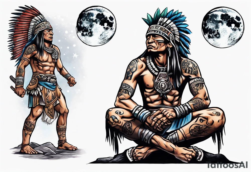 a heartbroken, tired, mayan warrior seeking peace after fighting for decades kneeling under the moonlight looking up to the sky tattoo idea