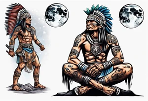 a heartbroken, tired, mayan warrior seeking peace after fighting for decades kneeling under the moonlight looking up to the sky tattoo idea