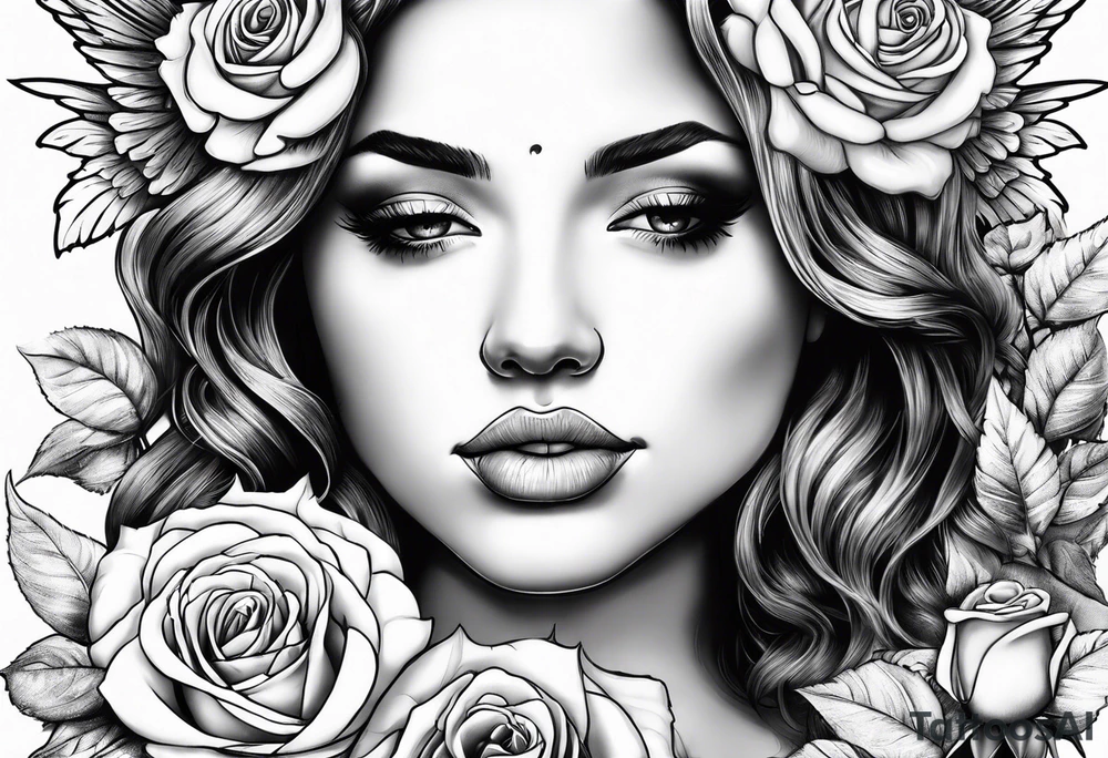 Angel, roses, name MARTINA tattoo idea