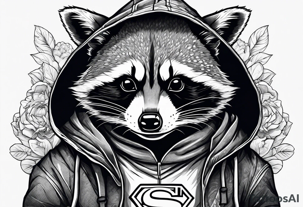 raccoon wearing a Superman hoodie tattoo idea