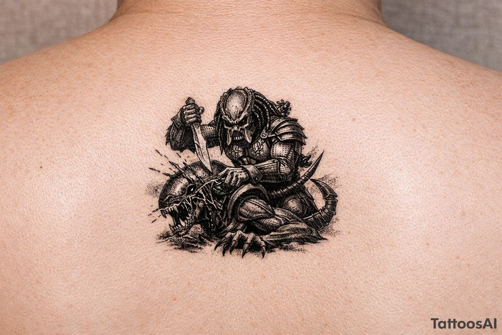 predator (from the movie) killing an alien on the forearm tattoo tattoo idea