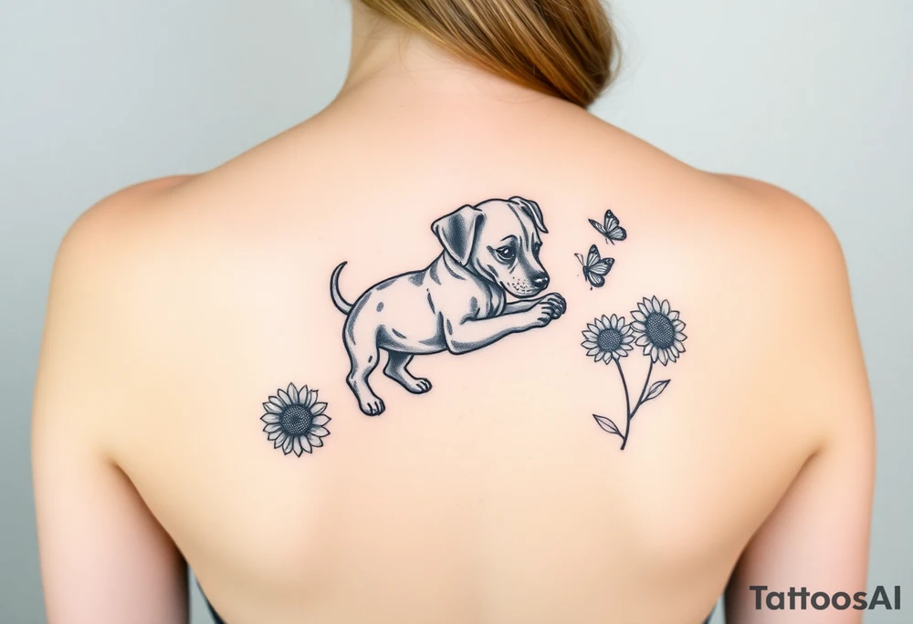 Small tattoo of Great Dane puppy playing in sunflowers and chasing a butterfly. tattoo idea