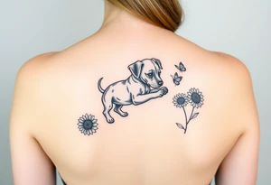 Small tattoo of Great Dane puppy playing in sunflowers and chasing a butterfly. tattoo idea