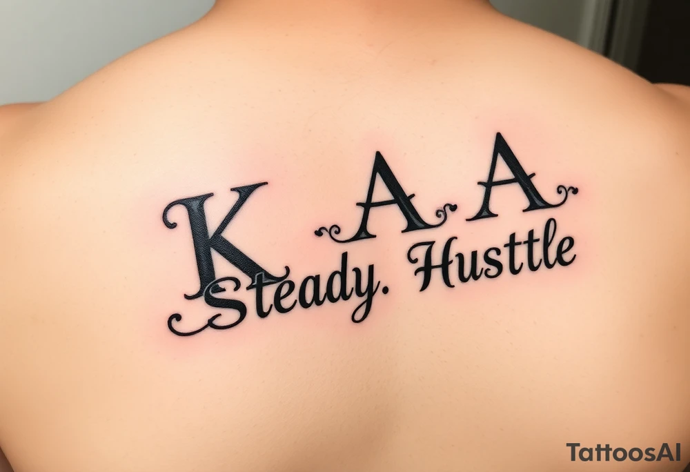 Give me a vertical forearm tattoo. I want it to be the acronym “Keep.A.Steady.Hustle”. I want the K to say Keep, then under the K put an A, under the A put an S that says steady, and then under the S put an H that says hustle. Add small details like ink clouds and moneybags. tattoo idea