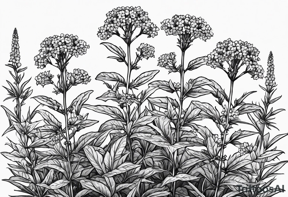 3 Vervain (Verbena) flowers with small leaves around them. tattoo idea