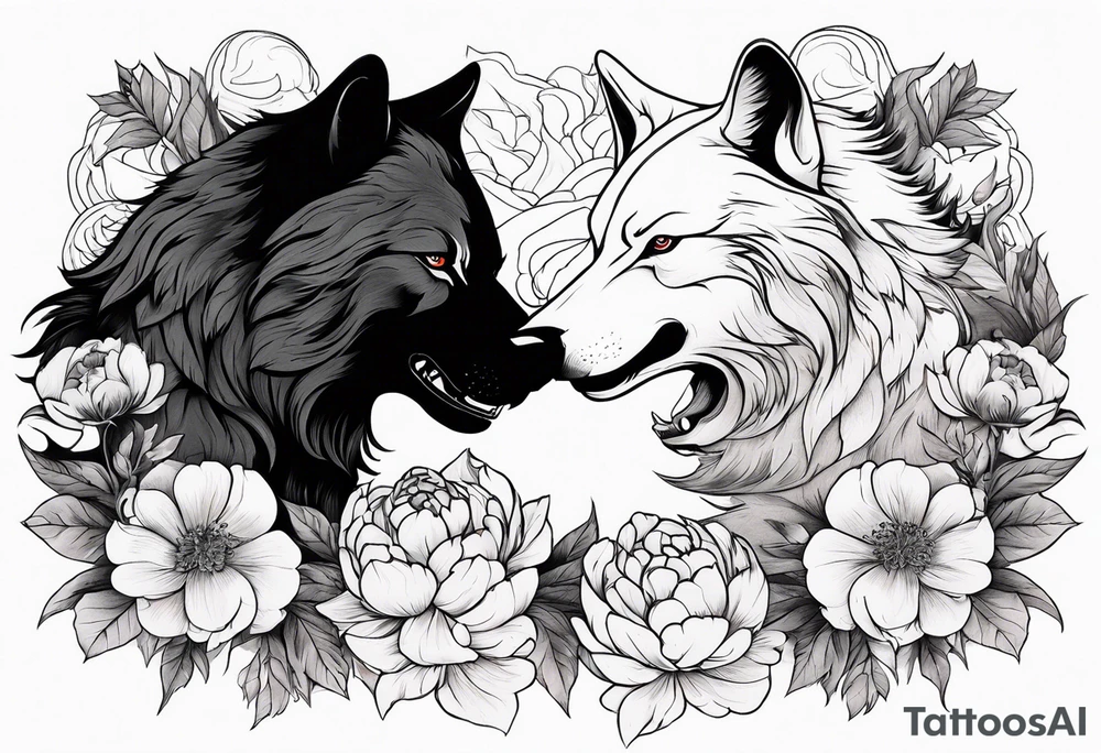 Wolf fighting with bear with peonies and smoke tattoo idea Wolf fighting with bear with peonies and smoke tattoo idea