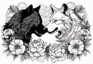 Wolf fighting with bear with peonies and smoke tattoo idea