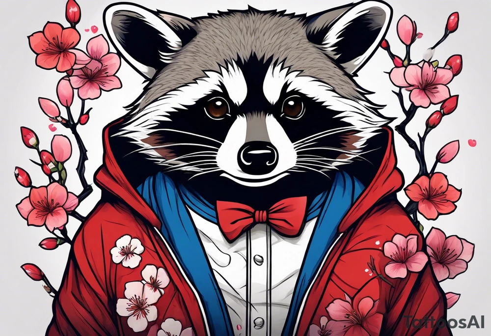 Raccoon wearing a Superman hoodie and Japanese cherry blossoms tattoo idea