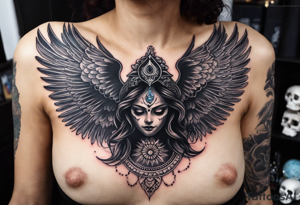 black kali, goddess pirate, alien, angel, pachamama, valkrye, warrior, flying, skull, lotus azul, wing, eagle, zenza resonance, stars, 5D, anahata chakra, death, durga, riding on a tiger, flying lady, kundalini, chest tatoo, rebel tattoo idea