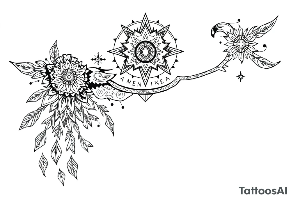 long shaman style mytical bold line with ancient rhyme tattoo idea