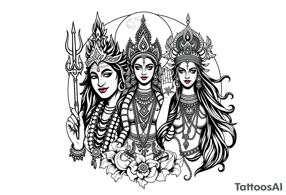 Lord Shiva, Godess Kali, Godess Lilith with the moon phases in the background tattoo idea