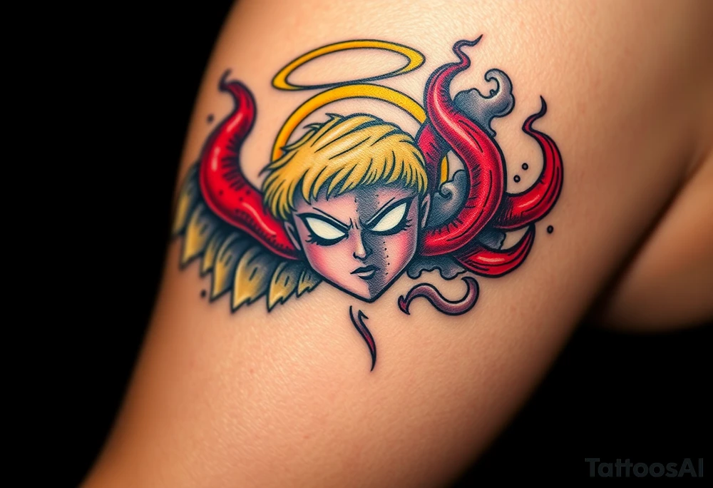 A shining golden angelic halo, surrounded with red, twisted horns curling from the opposite side, dark and menacing, with smoke and shadows, symbolizing a battle between holiness and temptation. tattoo idea